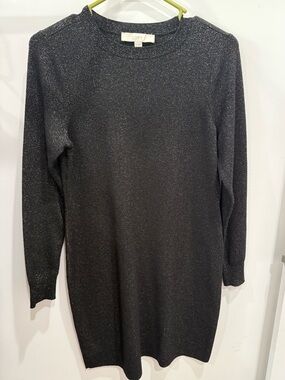 LOFT Black Metallic and Gold Long-Sleeve Knit Dress Size M